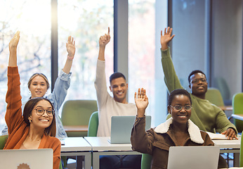 Image showing Learning, class and education with student, question with hand raised and excited for study with scholarship. University, studying and lecture, growth and college student with laptop in classroom