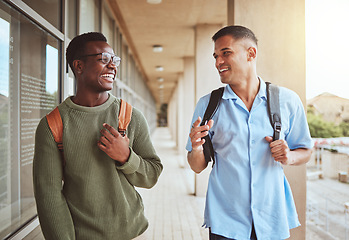 Image showing Men, students and friends with education and university, together talking and laughing with funny and study at college. Comedy, discussion and friendship communication, learning and happy outdoor