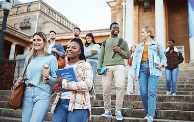 Image showing Diversity, students and walking on university steps, school stairs or college campus to morning class. Smile, happy people and bonding education friends in global scholarship opportunity or open day