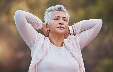 Image showing Senior woman, neck pain and tired for outdoor exercise and sports fitness or runner workout training in nature park. Mature athlete, cardio back pain and body performance injury breathing in forest