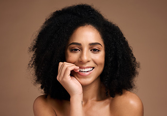 Image showing Skincare, beauty and portrait of black woman in studio for wellness, healthy skin and spa aesthetic. Dermatology, makeup and hands on girl face for cosmetics, beauty products and facial treatment