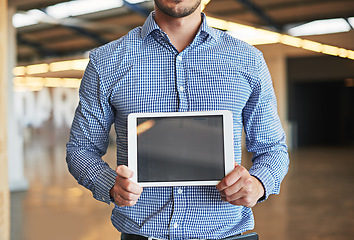 Image showing Mockup, business and man with tablet, screen and data analysis in office, planning and digital marketing. Male employee, device or website search for advertising, technology or connection for company