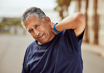 Image showing Senior, neck pain and sports man with elderly training injury from sports, running and exercise. Wellness, medical and sport performance accident problem from an outdoor run with person in retirement