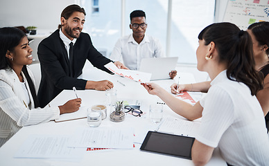 Image showing Business, people and strategy meeting for planning with graph statistics for professional data assessment. Corporate company employees in office for information analysis, teamwork and innovation.