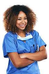 Image showing Nurse, black woman and studio portrait with smile, arms crossed and motivation for healthcare by white background. Isolated doctor, happy and focus for vision, medical goals and service at clinic job