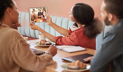 Image showing Selfie, digital tablet and business people at restaurant for meeting, planning and lunch. Picture, people and team smile for photo in business meeting for startup goal or social media advertising