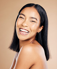 Image showing Portrait, skincare and black woman isolated on studio background for beauty facial, makeup and cosmetics glow. Happy, young and beautiful model or person with dermatology face results