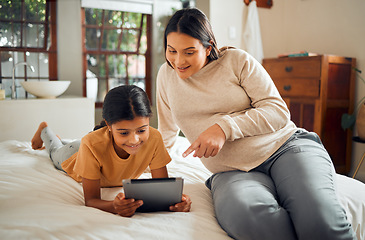 Image showing Pregnant mother, child and tablet pointing online for distance learning in home bedroom. Smile of kid and woman family together for pregnancy development, education and support on mobile app