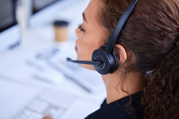 Image showing Customer support woman, communication and headset microphone for advice, conversation and consulting. Crm expert, contact us consultant or telemarketing agent with voip tech, customer service and job