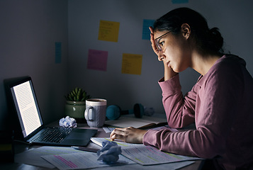 Image showing Laptop, night and tired with a student woman learning or studying in her home for a university exam. Computer, exhausted and late with a female pupil in a house to study for her college scholarship