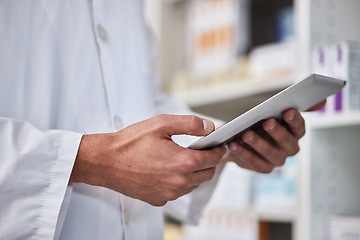 Image showing Man, hands or pharmacy digital tablet in medicine product research, healthcare wellness treatment or pills stock check. Zoom, pharmacist employee or medical worker on technology in drugs retail store