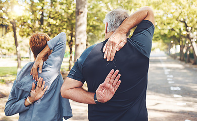 Image showing Back, couple and stretching outdoor exercise, fitness and training for wellness, health and bonding. Sports, man and woman in nature, workout and practice for healthcare, balance and relax together.