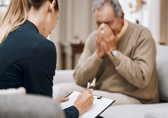 Image showing Psychology, senior man and therapist writing, consulting and patient emotional. Psychologist, mature male and counselor make notes, help and advice for grief, anxiety, depression and mental health