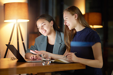 Image showing Business people, laptop and discussion at night in office planning strategy, report deadline and overtime training. Business women talking, late meeting and tech marketing leaders at workplace desk