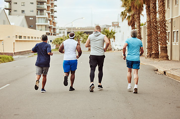 Image showing Fitness, running and teamwork with friends in city for stamina, cardio and endurance training. Sports, jogging and community with group of runner sprinting in town for workout, exercise and health