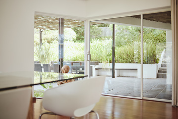 Image showing Boardroom interior, furniture and workspace with modern office design, architecture and table for conference. Office, corporate conference room and building for presentation, negotiation or workplace