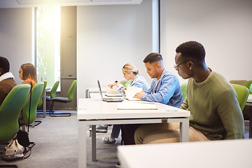 Image showing Creative business people, exam and onboarding team in training or audience at workshop or seminar. Group of people or colleagues in convention room for marketing or advertising for company startup