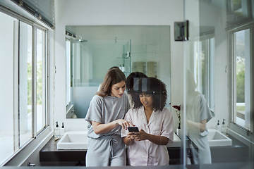 Image showing Search, phone or women friends in bathroom for social media, website or internet blog content fake news review. Tech, social network or girl on smartphone for networking, communication or media app