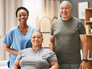 Image showing Healthcare, portrait and caregiver with senior couple for medical support, elderly care and patient rehabilitation. Disability, charity and African volunteer nurse at nursing home for physiotherapy