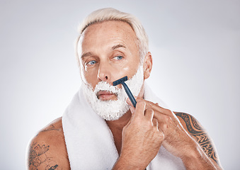 Image showing Mature man face, shaving cream or grooming in self care maintenance or beauty aesthetic on gray studio background. Zoom, hair removal foam or model in facial razor cleaning or growth hygiene skincare