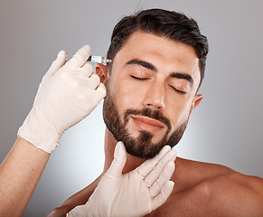 Image showing Botox, beauty and injection of man and plastic surgery hands in studio medical aesthetic, face change and dermatology. Mesotherapy, hyaluronic acid or collagen help, trust and doctor cosmetics filler