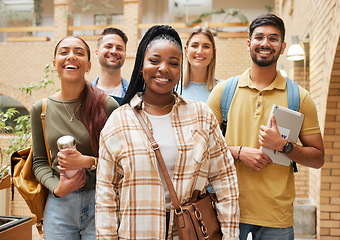 Image showing Group portrait, students and friends at university getting ready for learning. Education, scholarship or happy people standing together at school, campus or college bonding and preparing for studying