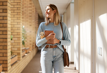 Image showing Education, learning and woman with smile for college, thinking and studying for future on campus. University, happy and student with an idea for higher education at an academy on a study scholarship