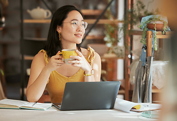 Image showing Startup, Asian or business woman with coffee thinking and daydreaming for networking strategy or blog content search. Focus, tea or girl with laptop looking out window for creative social media idea