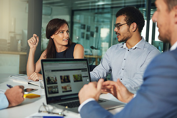 Image showing Team, business conversation and web design planning and laptop for digital marketing and online networking for website. Teamwork, discussion and web management or brainstorming with tech device