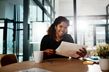 Image showing Office documents, portrait and black woman reading feedback review of financial portfolio. research report or info, Paperwork, files folder and happy employee with summary of business savings budget