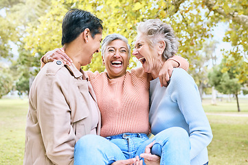 Image showing Senior women, laughing or carrying in funny games, comic activity or goofy fun in nature park, grass garden or environment. Smile, happy or diversity elderly friends in retirement, support or trust