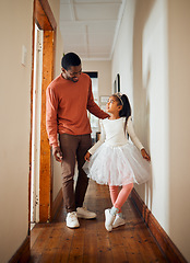 Image showing Family, princess and father with daughter in their home for dance, fun and playing indoors together. Black man, girl and parent bonding while dancing to music in their house, happy and smile