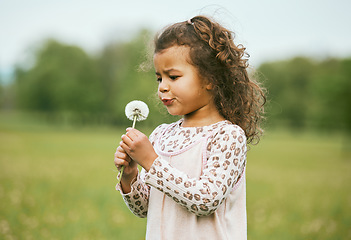 Image showing Nature, child and girl blowing a dandelion for a wish while playing, exploring or on an adventure. Calm, explore and young kid blow a plant while in a green garden, park or backyard in Brazil.