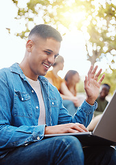Image showing Education question, video call and student with laptop in campus for learning, studying or knowledge. College, university questions and happy man raising hand in online class with computer outdoors.