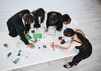 Image showing Meeting, accounting and collaboration with a business team working around a table in the boardroom from above. Finance, documents and teamwork with a man and woman employee group at work in an office