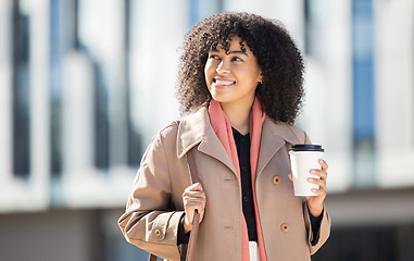 Image showing Smile, coffee and business woman in city for morning, lunch break and wellness. Relax, happy and travel with girl employee walking in urban town with drink for start, career and professional mindset