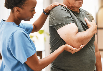 Image showing Physiotherapist consulting senior man in physical therapy for muscle, arthritis and stretching exercise, exam or massage. Physiotherapy, chiropractor and healthcare rehabilitation support for client