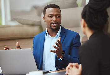 Image showing Laptop, meeting and financial advisor with a business black man and woman client talking portfolio growth. Computer, finance and accounting with a male and female employee working on investment