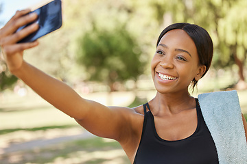 Image showing Fitness, phone selfie and black woman in park for workout, exercise and healthy lifestyle. Happy female, sports influencer and athlete taking mobile photograph for social media, wellness and goals