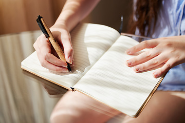 Image showing Notebook, hands and woman with pen, journal and reflection with creative, ideas and thinking for writing. Writer closeup, inspiration and write list, planning and brainstorming with notes and paper