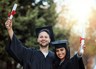 Image showing Education, graduation and celebration, portrait of couple with certificate in garden university campus with smile. Friends, scholarship students and success, young man and woman graduate from college