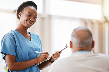 Image showing Consulting, medical and checklist with old man and nurse for retirement, rehabilitation or physical therapy. Help, empathy and healing with patient and black woman in nursing home for healthcare exam