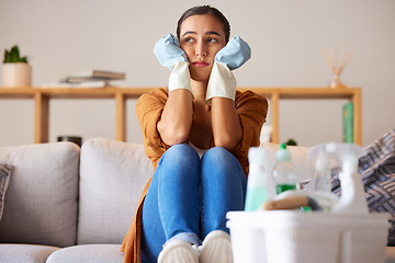 Image showing Tired, sad and woman cleaning home overwhelmed, stressed and moody thinking of tasks. Spring cleaning fatigue of young girl thoughtful in house living room with cleaner hygiene products