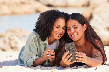 Image showing Friends, smartphone selfie and beach happiness together for summer holiday, travel vacation or quality time bonding. Women, smile and phone photography memories or ocean sea adventure in sunshine