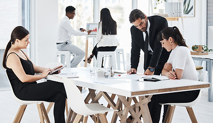 Image showing Planning, strategy and business people in a meeting for a collaboration, ideas and innovation. Teamwork, coworking and employees in communication about training documents and notes for a plan