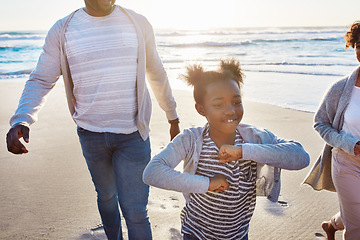 Image showing Black family, beach and father walking, kids playing and enjoy fun outdoor quality time together on Jamaica vacation. Ocean sea water, freedom peace and young youth children running on nature sand