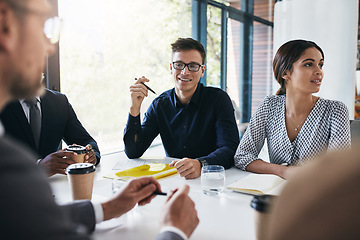 Image showing Planning, data analysis or business people for business meeting, invest strategy or company finance investment. Collaboration, thinking or teamwork on tax data analytics or global financial network