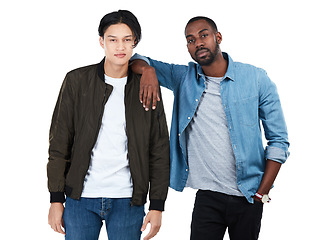 Image showing Two young men, studio portrait and friends at college for confidence, motivation or goals by white background. Isolated gen z students, black man and asian man with support, diversity and solidarity