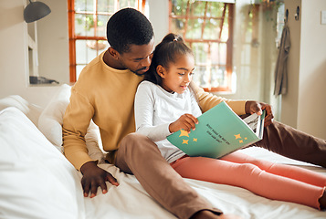 Image showing Black family, reading book and learning while on a bed for story time in house bedroom. Man or dad teaching girl child to read language, fantasy and development in happy home with love and support