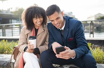 Image showing Man, woman or corporate friends with phone for funny meme, comic moment or social network on break. Business people, businessman and smartphone for social media, app or online comedy video in metro